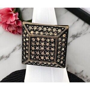 New Boutique Ring Antique Brass Tone Pave Crystals Adjustable 2T